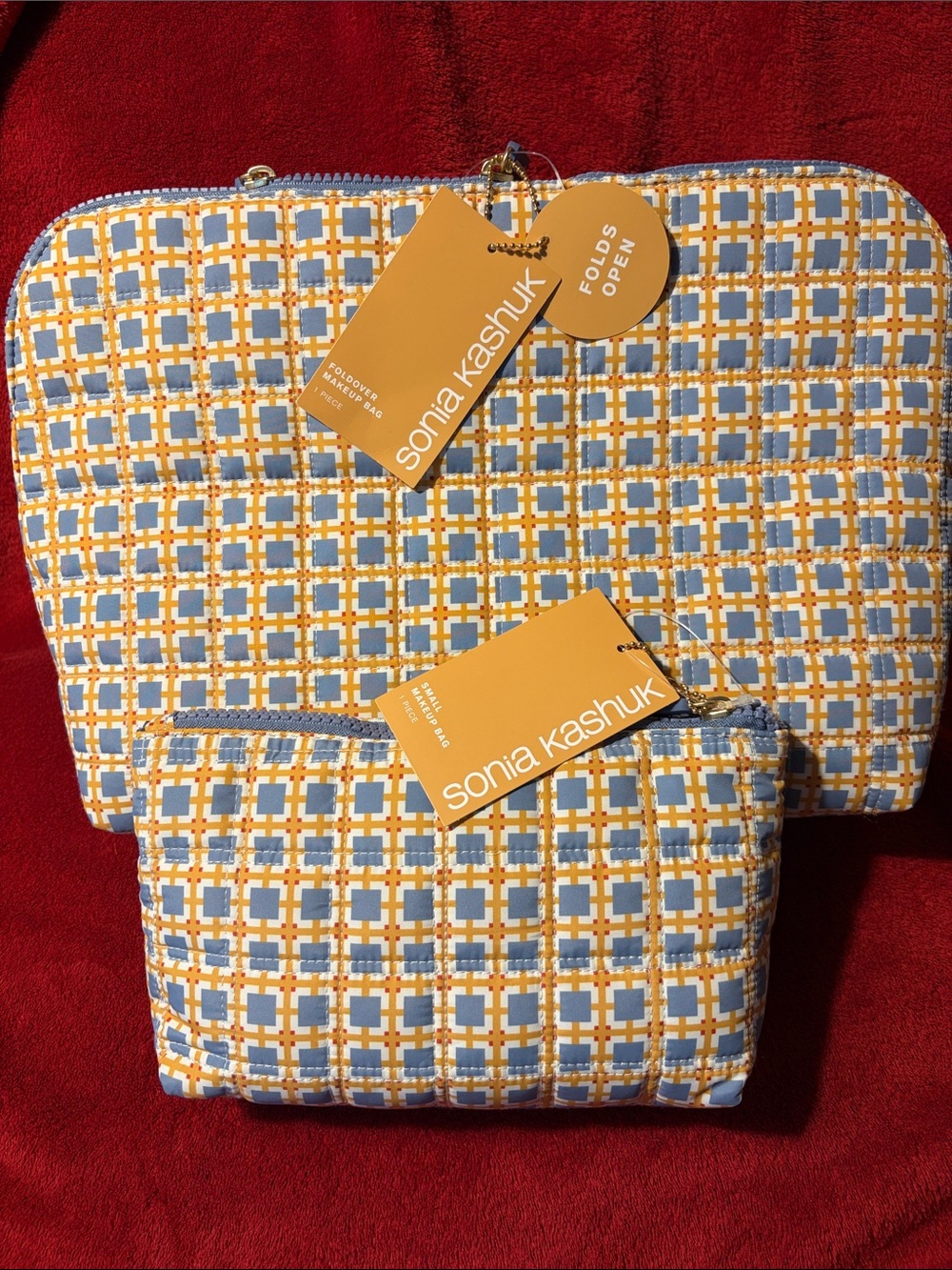 Sonia Kashuk Quilted Blue and Yellow Plaid Cosmetic Bag Duo